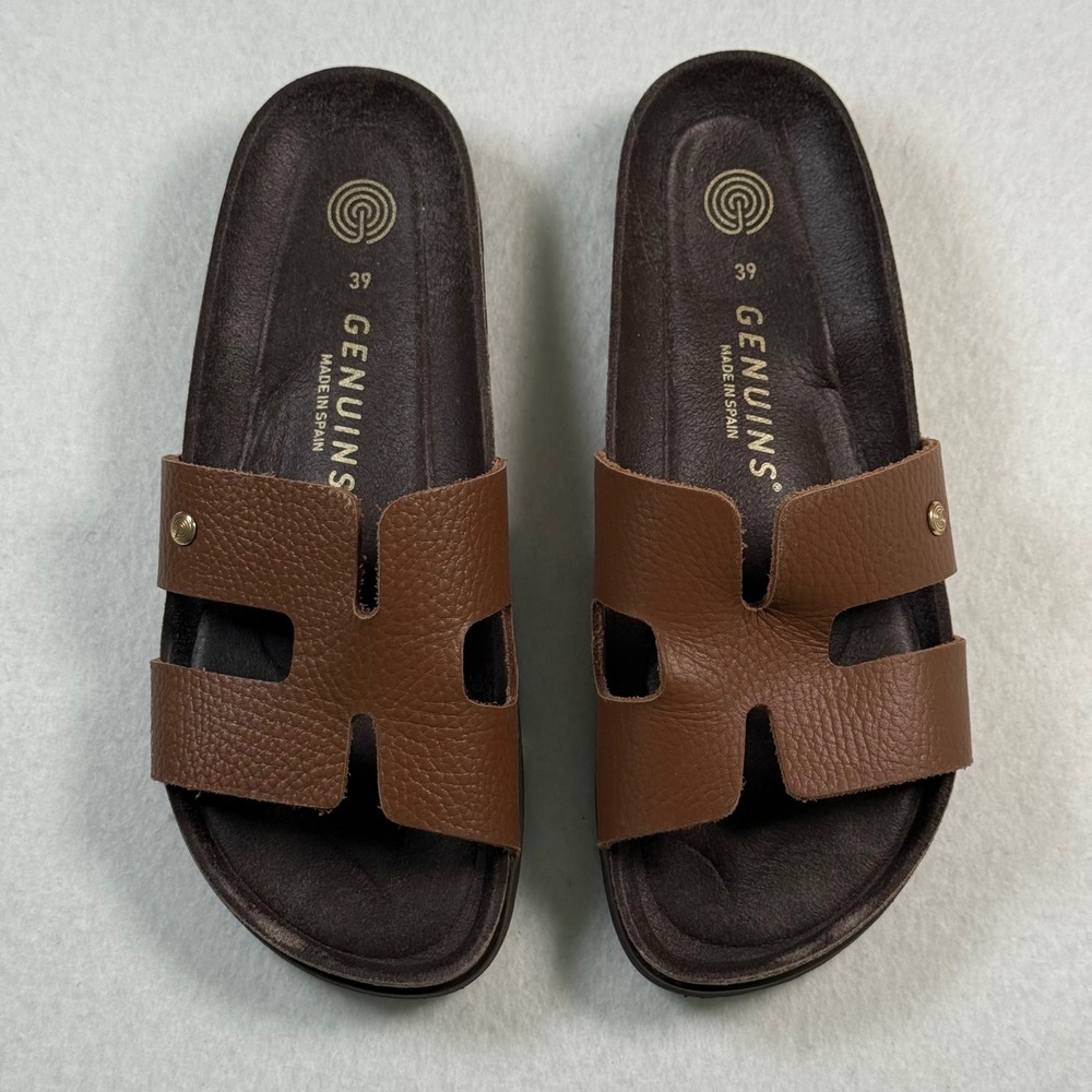 Genuins Brown Leather H-Strap Slide Sandals Made in Spain Womens 39